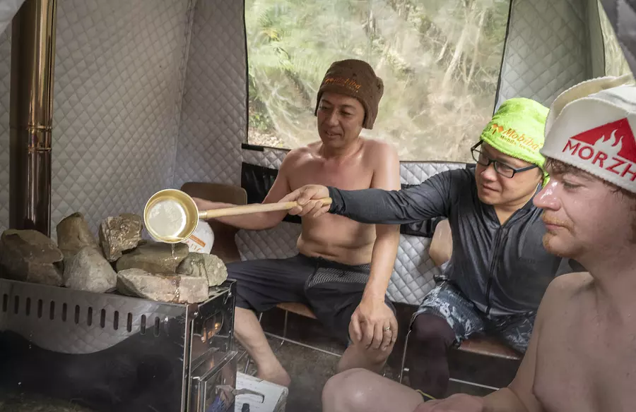 Inside a camping tent sauna